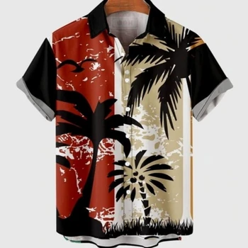 Мужская летняя гавайская рубашка с коротким рукавом, повседневный топ с цветочным принтом, вечерний праздничный стиль, одежда с тропическим пляжным рисунком.