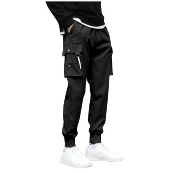Брюки-карго для мужчин, черные брюки-карго, мужская винтажная модная уличная одежда с карманами в стиле хип-хоп, повседневная одежда в стиле сафари, тонкая технологичная одежда