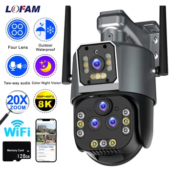 Wi-Fi Камера 8K с 4 объективами, 20-кратным зумом, PTZ Двусторонним аудио, Цветным ночным видением, Наружная водонепроницаемая камера видеонаблюдения, Wi-Fi Камера 16MP