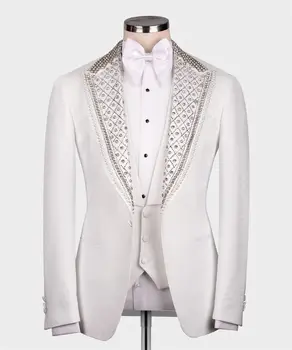 Роскошный свадебный смокинг, белые костюмы жениха, приталенный блейзер с кристаллами и жемчугом, жилет, Брюки, мужской костюм на заказ