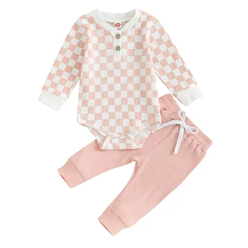 Осенняя одежда для маленьких мальчиков и девочек, комбинезон с длинными рукавами и рисунком в виде шахматной доски + комплект штанов, одежда для младенцев