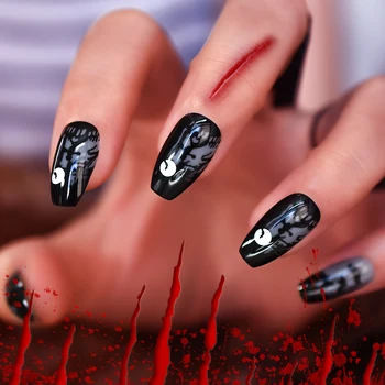 Черный Маникюр в стиле Хэллоуина, накладные ногти, дизайн Полуночных глаз, средний гроб, Акриловые Многоразовые накладные ногти 24шт