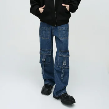 Брюки-карго с несколькими карманами в стиле хай-стрит в стиле панк Y2K, американские джинсы в стиле пэчворк в винтажном стиле для мужской одежды 청바지 джинсы