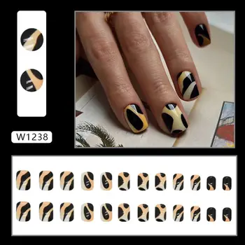 Французские накладные ногти Модные короткие круглые накладные ногти с полным покрытием Желтые Черные съемные типсы для ногтей своими руками