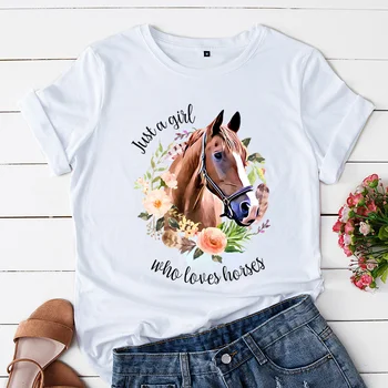Женская футболка с принтом Just A Girl Love Horse С коротким рукавом И Круглым вырезом, Женская футболка С Цветочным Рисунком Лошади, Женская Футболка, Топы Camisetas Mujer