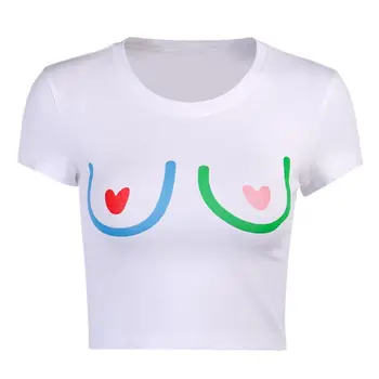 Женская футболка с коротким рукавом, сексуальный укороченный топ с круглым вырезом и принтом в виде сердца контрастного цвета