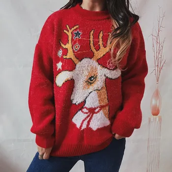 Женский модный Свободный пуловер толстой вязки с круглым вырезом и длинными рукавами, рождественский свитер с олененком, женский свитер Pull Femme