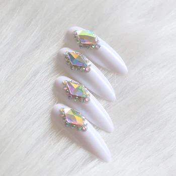 24шт супер длинный заостренный овал роскошный художественный салон накладные ногти с кристаллами и бриллиантами белый