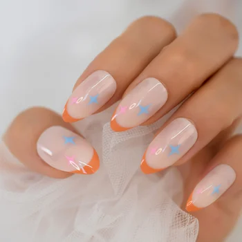 Нажмите на оранжевые французские накладные ногти Глянцевый дизайн в виде обнаженных звезд, женские накладные ногти, шпильки для пальцев, наконечники для нейл-арта 24шт