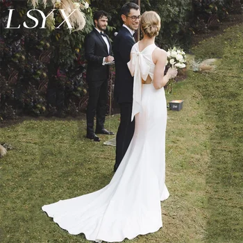 LSYX Образец свадебного платья Русалки из крепа без рукавов с круглым вырезом и бантом для женщин, свадебное платье с вырезом сзади и шлейфом, сшитое на заказ