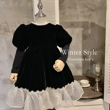Детские флисовые платья 2023 Осень-зима, Сетчатое Утолщенное платье принцессы для девочек, Элегантное Лоскутное Модное Милое платье