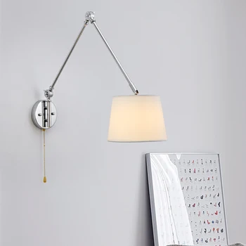 Роскошный хромированный настенный светильник с длинным коромыслом, настенный светильник LED E27 с регулируемым соединением, тканевое бра, настенные светильники для чтения с выключателем