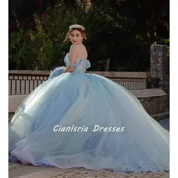 Светло-голубое пышное платье с кристаллами, расшитое бисером, Бальное платье с открытыми плечами, кружевной корсет, Праздничное платье