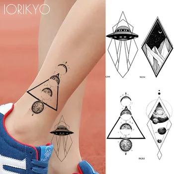 Временная татуировка IORIKYO Triangle Planet, Женские модные наклейки, поддельные татуировки, Мужские Черные геометрические татуировки с переносом воды в НЛО, макияж