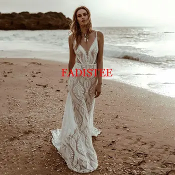 Сексуальные кружевные пляжные свадебные платья Русалки с V-образным вырезом 2024 на тонких бретельках без рукавов с открытой спиной Vestidos De Novia