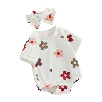 Одежда Для новорожденных девочек 0-18 м, комбинезон с короткими рукавами, боди с милым цветочным принтом и повязкой на голову с бантом, лето