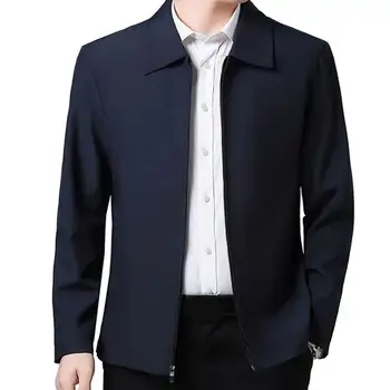 Мужская куртка Элегантная мужская куртка среднего возраста с лацканами, классическая застежка-молния, прямой крой, мягкое весенне-осеннее пальто для официальных деловых встреч