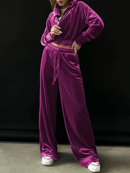 Уличная одежда, бархатный спортивный костюм, женский комплект из двух предметов, осенняя одежда, укороченный топ с капюшоном и широкие брюки, женский комплект из велюра