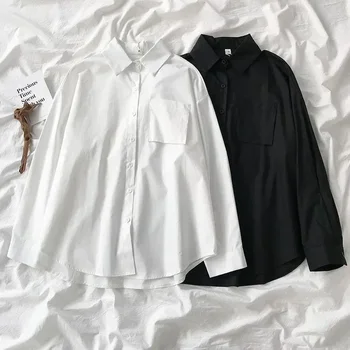 Новая винтажная блузка с длинным рукавом в Гонконгском стиле, весна-осень, белая рубашка для женщин, топы с отложным воротником, Свободная одежда 30270