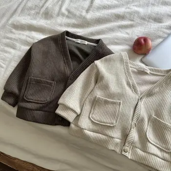 Пальто для мальчиков, весна и осень 2023, Новая модная куртка в корейском стиле, универсальные однотонные повседневные простые трикотажные изделия для маленьких девочек
