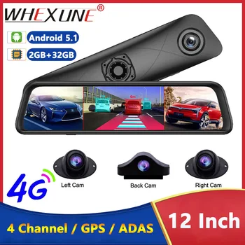 4-Канальный 360 ° Видеомагнитофон 12-Дюймовый 4G Автомобильное Зеркало Заднего Вида Android Авторегистраторы ADAS WIFI GPS Навигационные Камеры 1080P Dash Cam