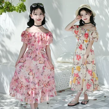 Летнее Богемное пляжное платье с цветочным принтом для девочек, шифоновые платья принцессы для подростков, модная детская одежда для вечеринок