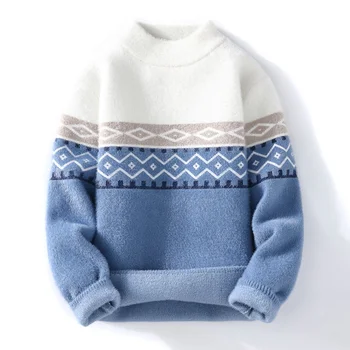 Мужской винтажный свитер из овечьей шерсти большого размера, круглый вырез, ретро-пуловер из аргайла, длинный рукав, мужские плюшевые вязаные свитера, Модный джемпер