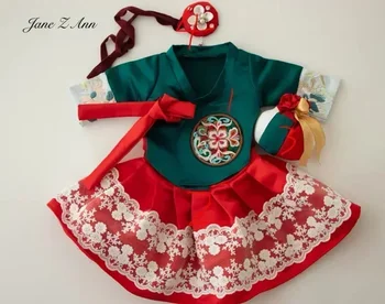 Корейский традиционный костюм для маленькой девочки, комплект одежды из 4 предметов, повязка на голову + шляпа + рубашка + платье, студийная съемка, праздничная студийная одежда