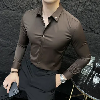 Осенние однотонные повседневные рубашки 2023 года, мужские облегающие деловые вечерние рубашки с длинным рукавом, высококачественная блузка для смокинга для светских вечеринок