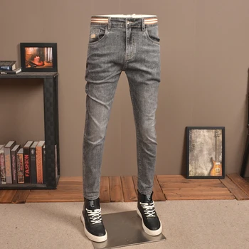 Черно-серые мужские джинсы, Летние повседневные облегающие джинсовые брюки, модные легкие брюки в корейском стиле CP2280