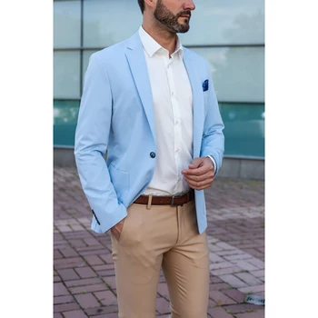 Модный новый мужской повседневный бутик 2023, однобортный небесно-голубой блейзер, брюки цвета хаки, 2 предмета (куртка + брюки)