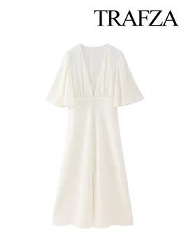 TRAFZA, летние модные женские длинные платья, однотонный V-образный вырез, Короткие рукава, однобортное украшение, женские винтажные тонкие платья