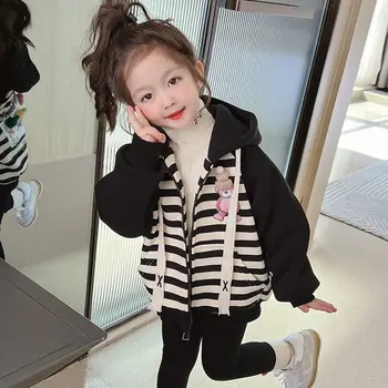 Пальто для девочек 2023, Новая весенне-осенняя одежда, детская модная детская куртка с капюшоном в корейском стиле на флисовой подкладке, полосатые топы