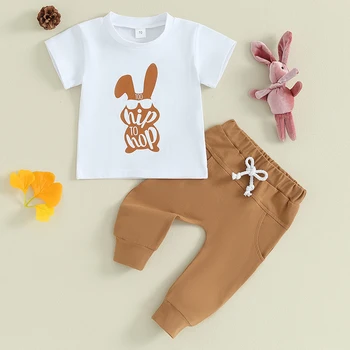 Детский Пасхальный наряд, футболка с круглым вырезом и буквенным принтом кролика с коротким рукавом и длинными штанами, летний наряд