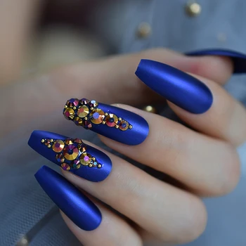 Длинные матовые Royalblue Привлекательные наконечники для дизайна ногтей 3D Бриллианты Уникальные полные ногти На заказ Роскошный пресс на ногтях 24ШТ