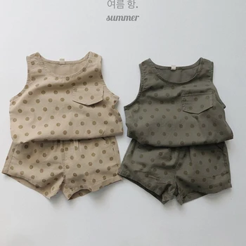 Комплект одежды для маленьких девочек и мальчиков 1-6 лет, Льняная хлопковая футболка без рукавов в горошек + шорты, детская одежда в Корейском японском стиле на лето
