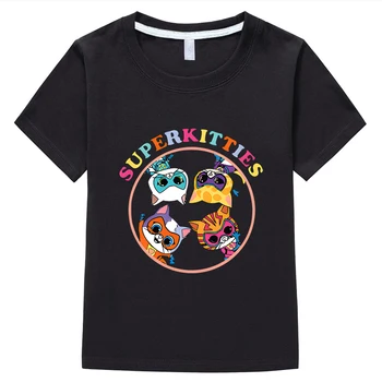 Футболка SuperKitties, Короткие топы из 100% хлопка, одежда для мальчиков и девочек, y2k, цельная Повседневная детская одежда с аниме, Летняя детская одежда