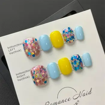 В доспехах С блестками, милые, маленькие и свежие, Новые цветные наклейки для ногтей Macaron, прыгающие накладные ногти, изысканный дизайн, переходящий цвет.