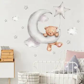 Наклейки на стену с медведем, Луной, облаками, звездами, Спальня для ребенка, Детская комната, фон, украшение дома, Гостиная, Детская Наклейка