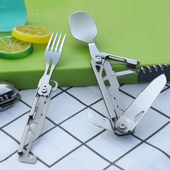 Походная посуда Многофункциональный портативный нож, вилка, ложка, открывалка для бутылок, Складные столовые приборы, Снаряжение для кемпинга