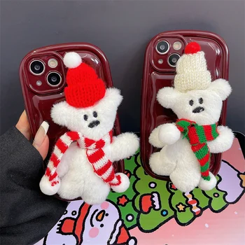Теплый Зимний Рождественский Медведь Плюшевая Игрушка Чехол Для Телефона iPhone 11 12 13 14 15 pro max