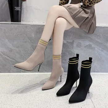 Осенняя новая женская обувь, модные ботильоны на высоком каблуке, удобные сексуальные сапоги без застежки, женская обувь, короткие сапоги для вязания,