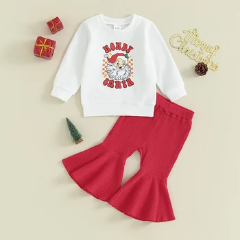Рождественская одежда для маленьких девочек, расклешенные штаны Санта-Клауса, толстовка с высоким воротом, расклешенные брюки, осенне-зимний комплект
