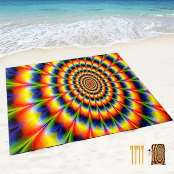 Психоделическое красочное пляжное одеяло, защищающий от песка легкий коврик с угловыми карманами и сетчатой сумкой для пляжной вечеринки, путешествий, кемпинга