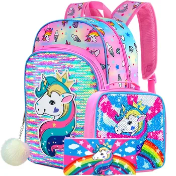 Рюкзак с единорогом из 3 предметов для девочек, 16-дюймовая сумка для книг и ланч-бокса для детей дошкольного возраста с блестками