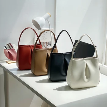 Однотонная маленькая сумка-тоут Женская модная сумка в стиле швейных ниток, плиссированная сумочка из искусственной мягкой кожи в стиле ретро