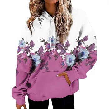 Модная женская блузка 2023, Женский осенне-зимний пуловер с цветочным принтом, толстовка с капюшоном, модная толстовка с длинным рукавом