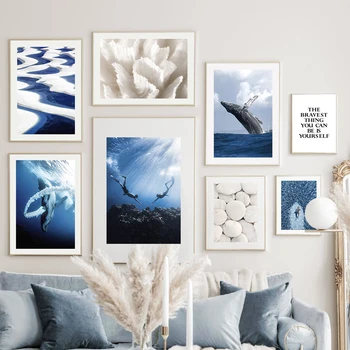 Настраиваемая настенная живопись Stone Reed Blue Sea Whale Diver Плакаты на скандинавскую тематику и принты для гостиной
