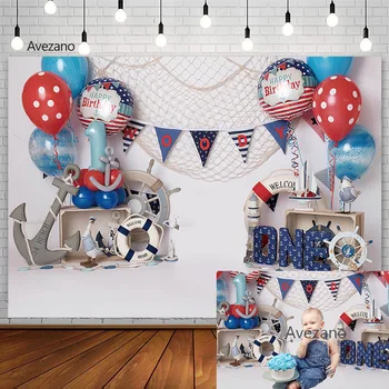 Фон для фотосъемки Avezano Пиратский Баннер с синим воздушным шаром Для мальчика, украшающий торт на 1-й день рождения, Реквизит для фотостудии