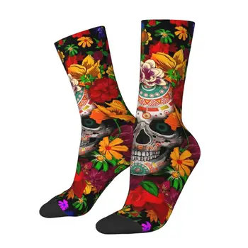 День мертвых, Сахарный Череп С цветком, мужские носки для экипажа, унисекс, забавные носки с 3D принтом в мексиканском цветочном стиле